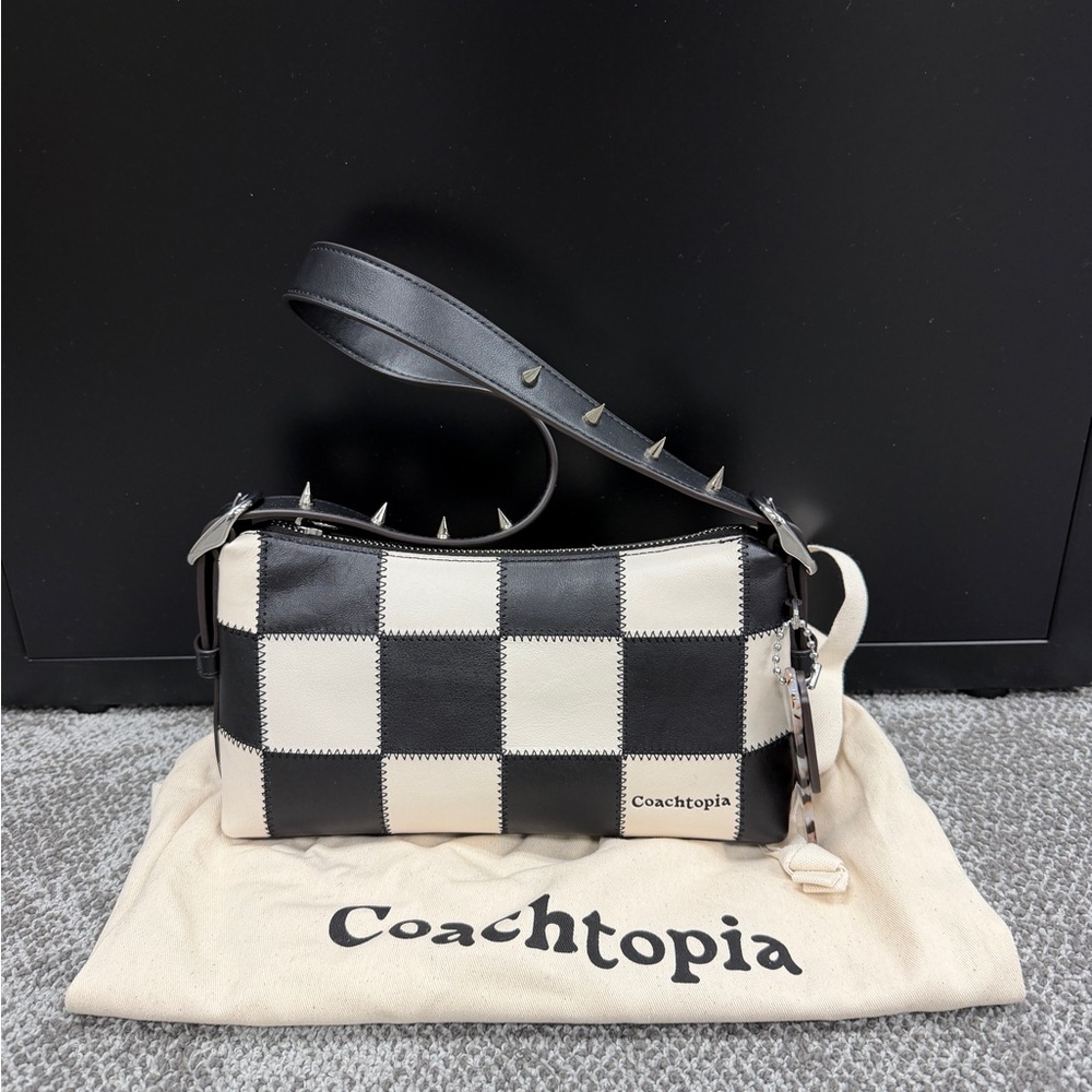 Coachtopia Small Black & White Checker Shoulder Bag with Upcrafted Studded Strap
